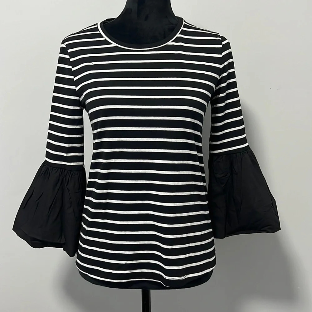 Anthropologie Black & White Striped Bell Sleeve Top size XS - Picture 2 of 6